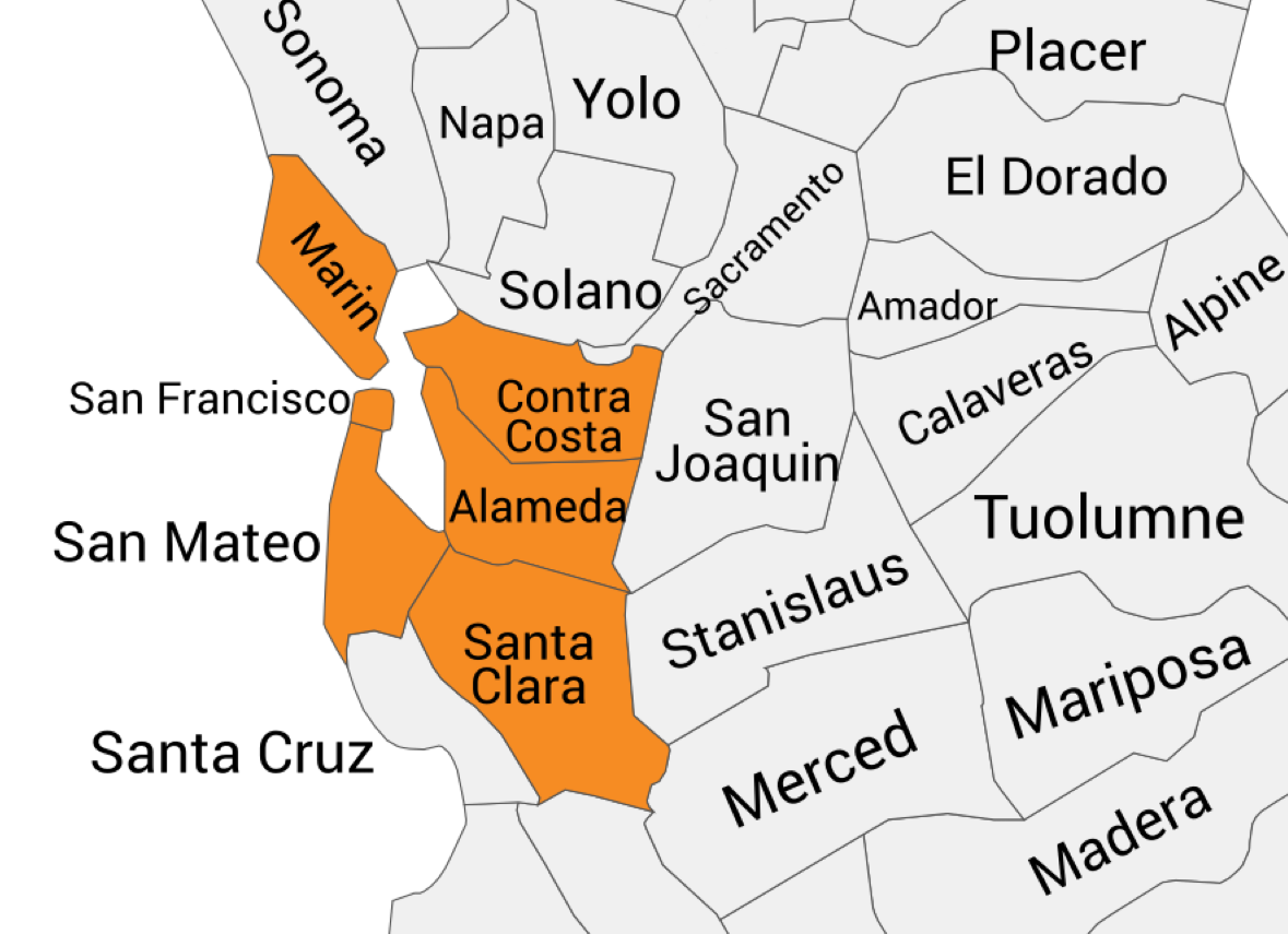 MapChart WD Map with Marin, Contra Costa, San Mateo, Alameda, Santa Clara, and San Francisco Counties Colored